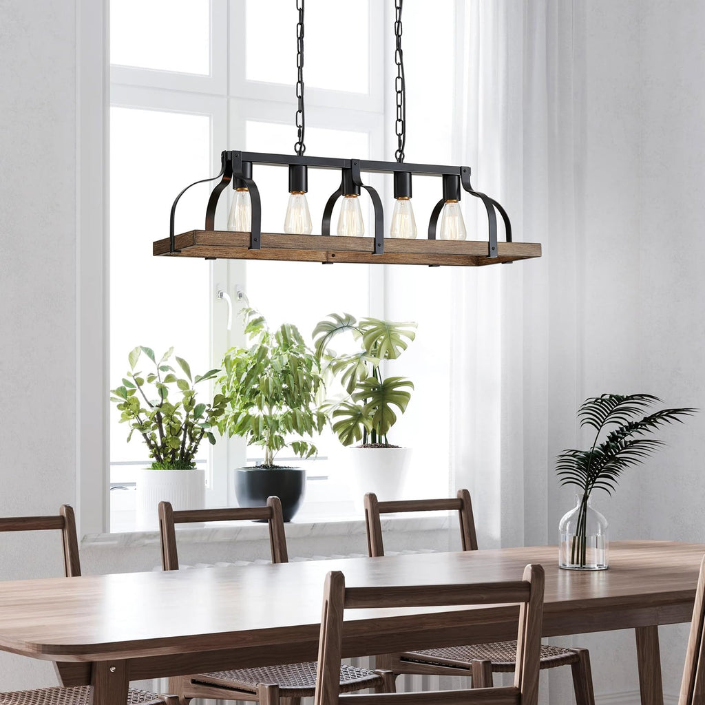 Metal Chandelier Imitation Wood Grain Linear Pendant Ceiling Lighting Rustic Farmhouse Fixture Kitchen Island