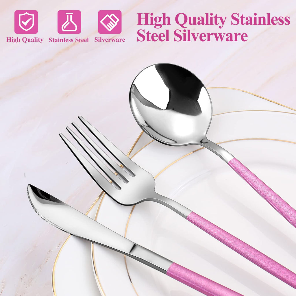 Mirror Silver Rosy Silverware Set, 20-Piece Stainless Steel Flatware Set, Satin Finish tableware Cutlery Set, Service
