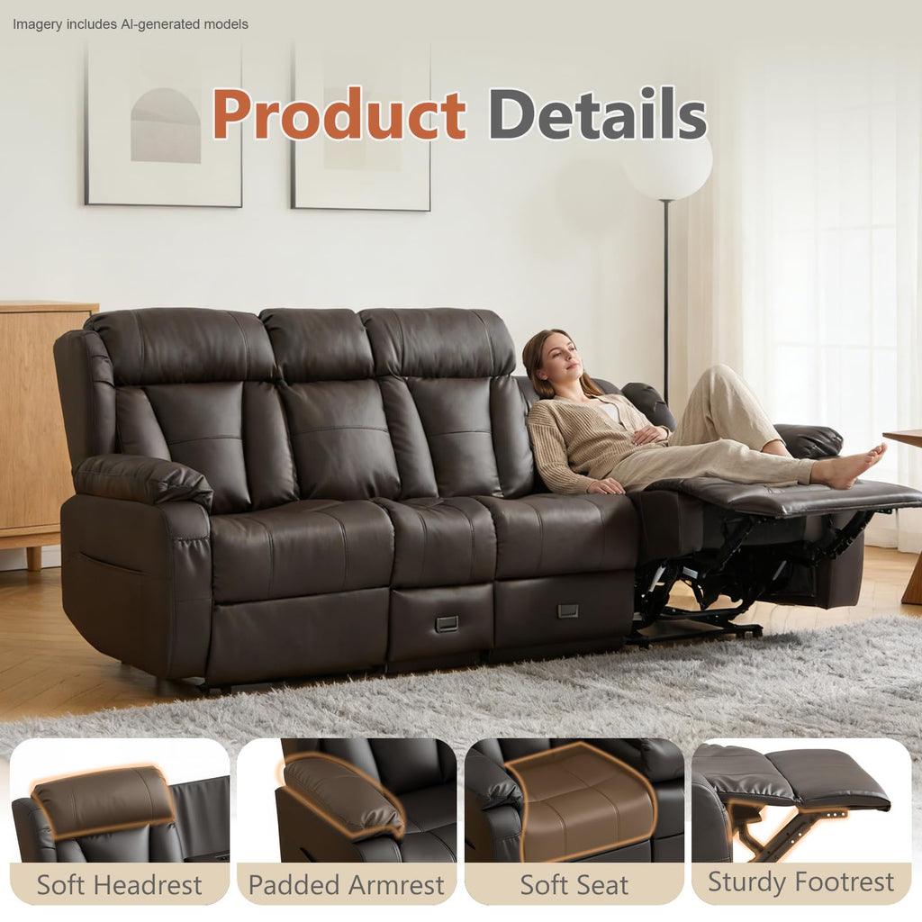 3-Seat Manual Reclining Sofa with Console, Faux Leather, Dark Brown