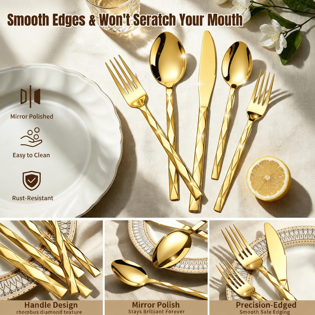 Gold Silverware Set, 5 Piece Flatware Set Dinner Eating Utensils Set