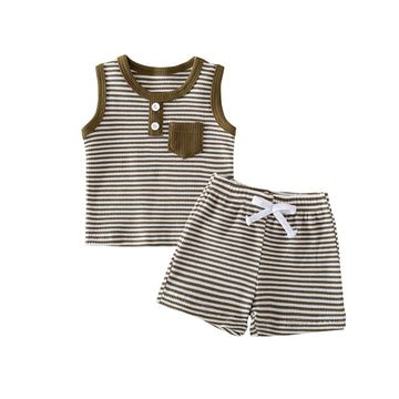 Baby Boys Summer Clothes Toddler Boy Outfit Soft Waffle Knit Sleeveless Green and White Striped Vests