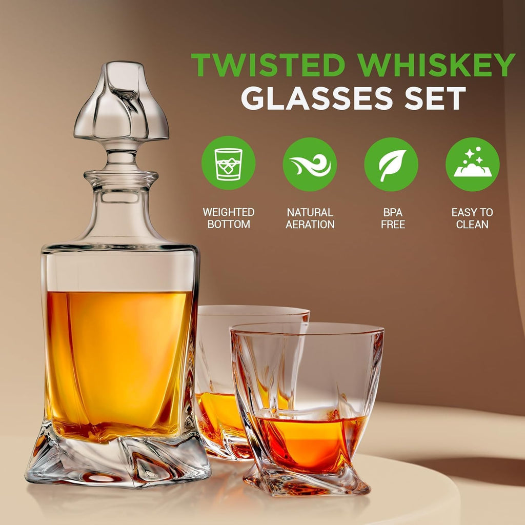 Kitchen Whiskey Decanter Set, Crystal Glass, Includes Four 750Ml Glasses, Elegant Home Bar, Naturally Aerates