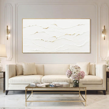 Minimalist White and Gold Line Artwork with Frame Hand Painted Abstract Canvas Wave Wall Art Living Room Office