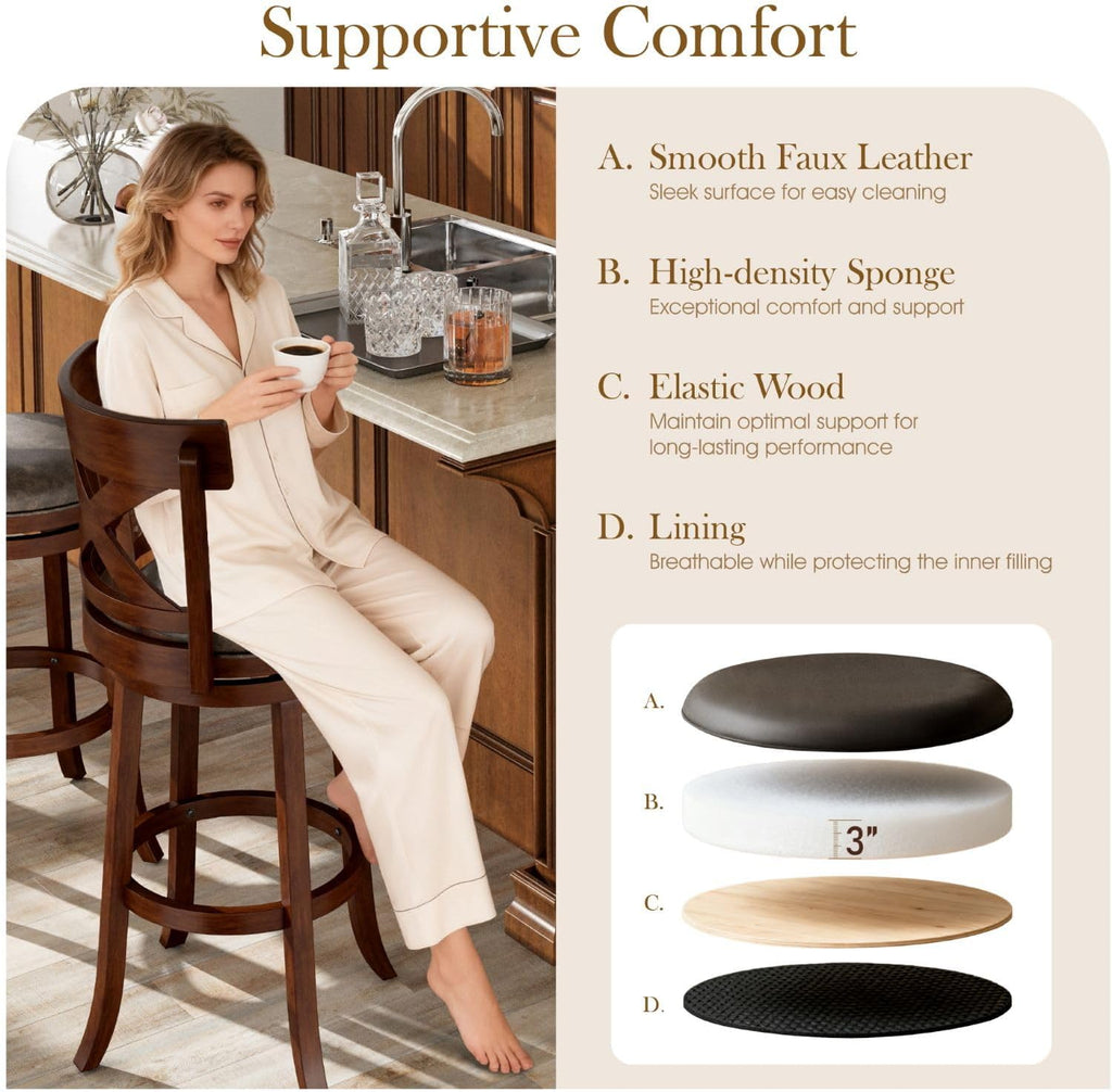 Swivel Bar Stools Set of 4, 30 Inch Bar Height Barstools with Cross Back & Solid Wood Legs,Faux Leather