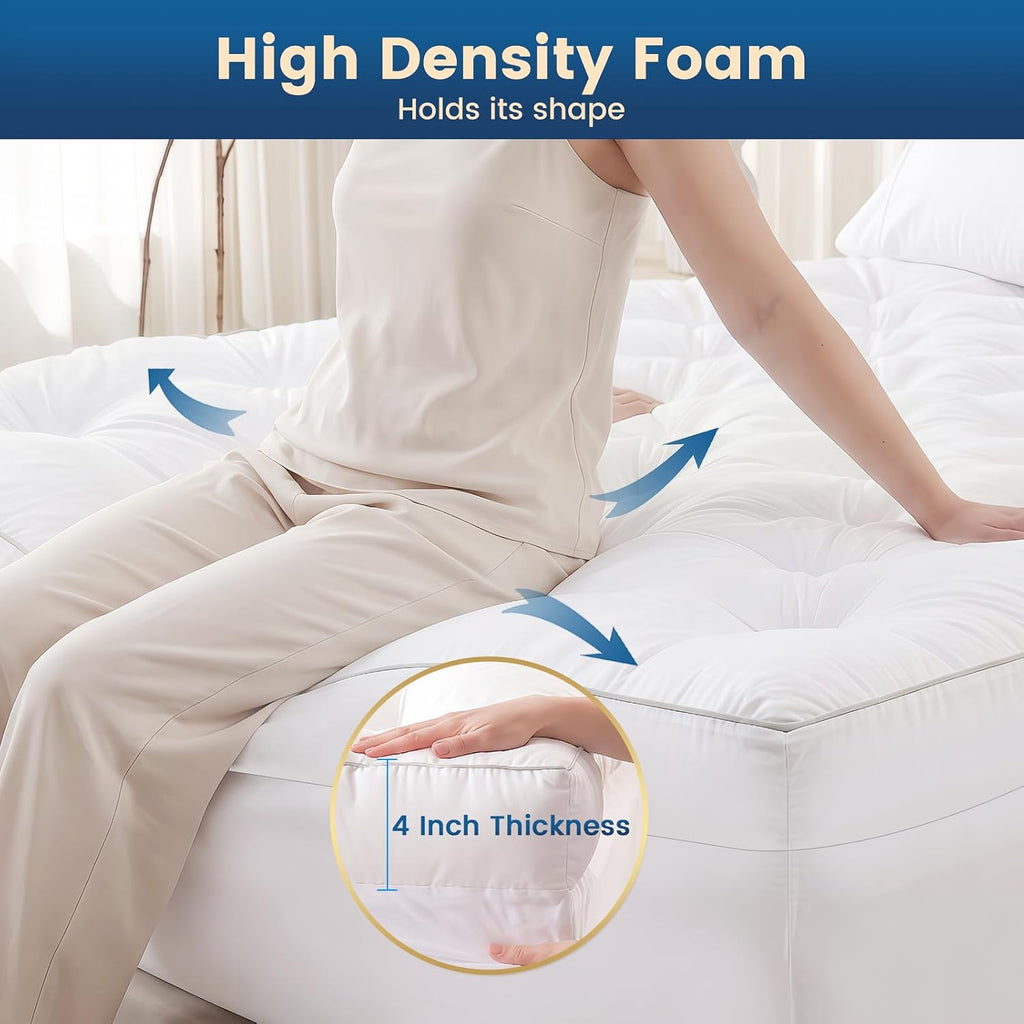 4 Inch Memory Foam Mattress Topper Queen Size for Back Pain Relief | Quilted Pillow Top Fitted Mattress Pad with 360°