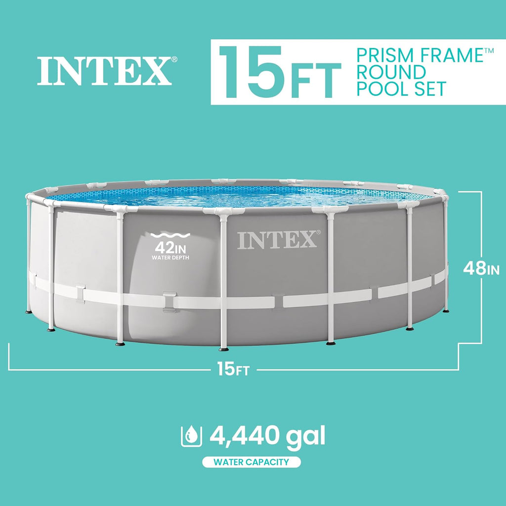 Prism Frame 15ft x 48in Round Above Ground Swimming Pool Set Bundle | 26725EH - 1000 GPH Filter Pump, Ladder, Pool