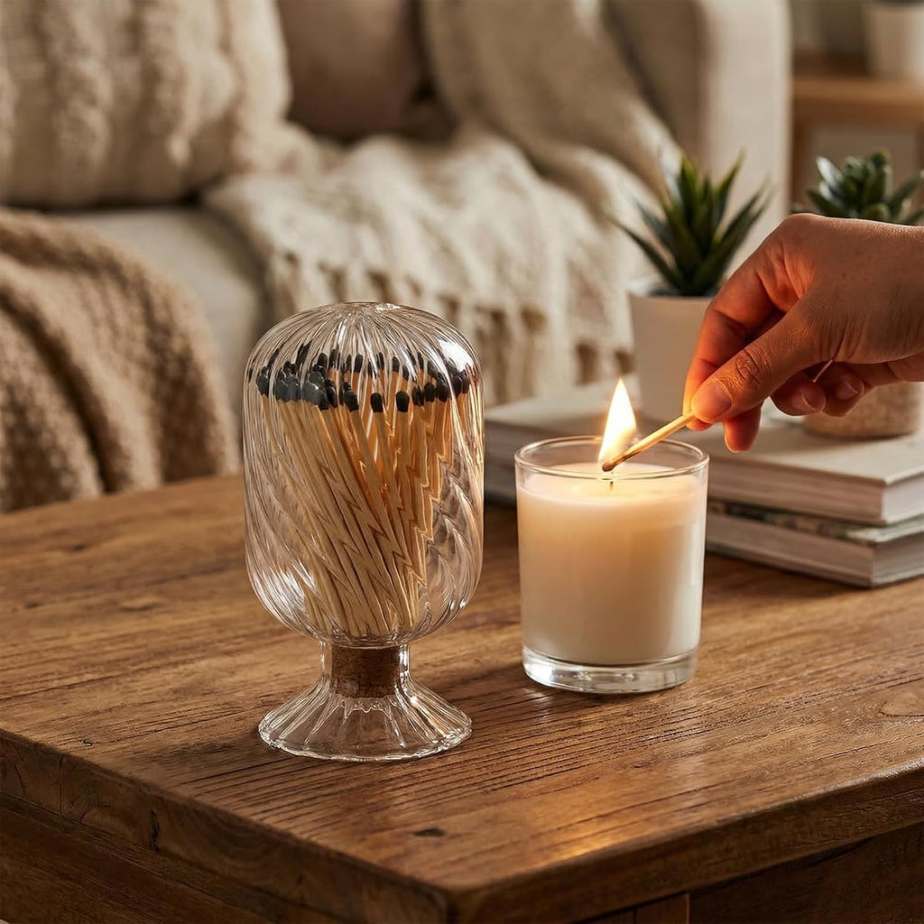 Transparent Helix Glass Match Cloche, Decorative Match Holder Jar, Stylish Matches in a Jar for Candles & Fireplace