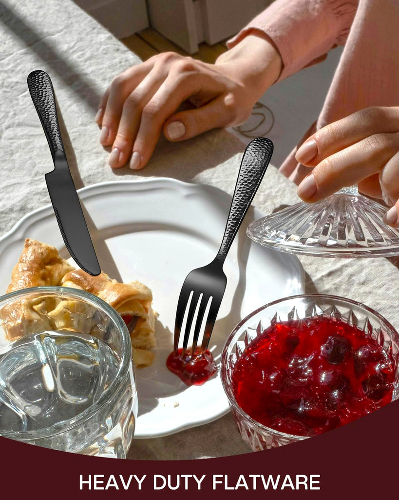 Hammered Black Silverware Set, 48 Pieces Flatware Set for 8, Heavy Duty Stainless Steel Cutlery, Food-Grade Utensil