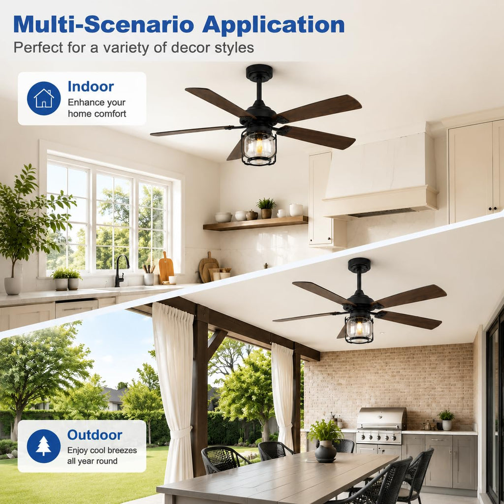 52 Inch Ceiling Fan with Light and Remote, Farmhouse Ceiling Fan, Rustic Ceiling Fan with Reversible DC Motor, 6