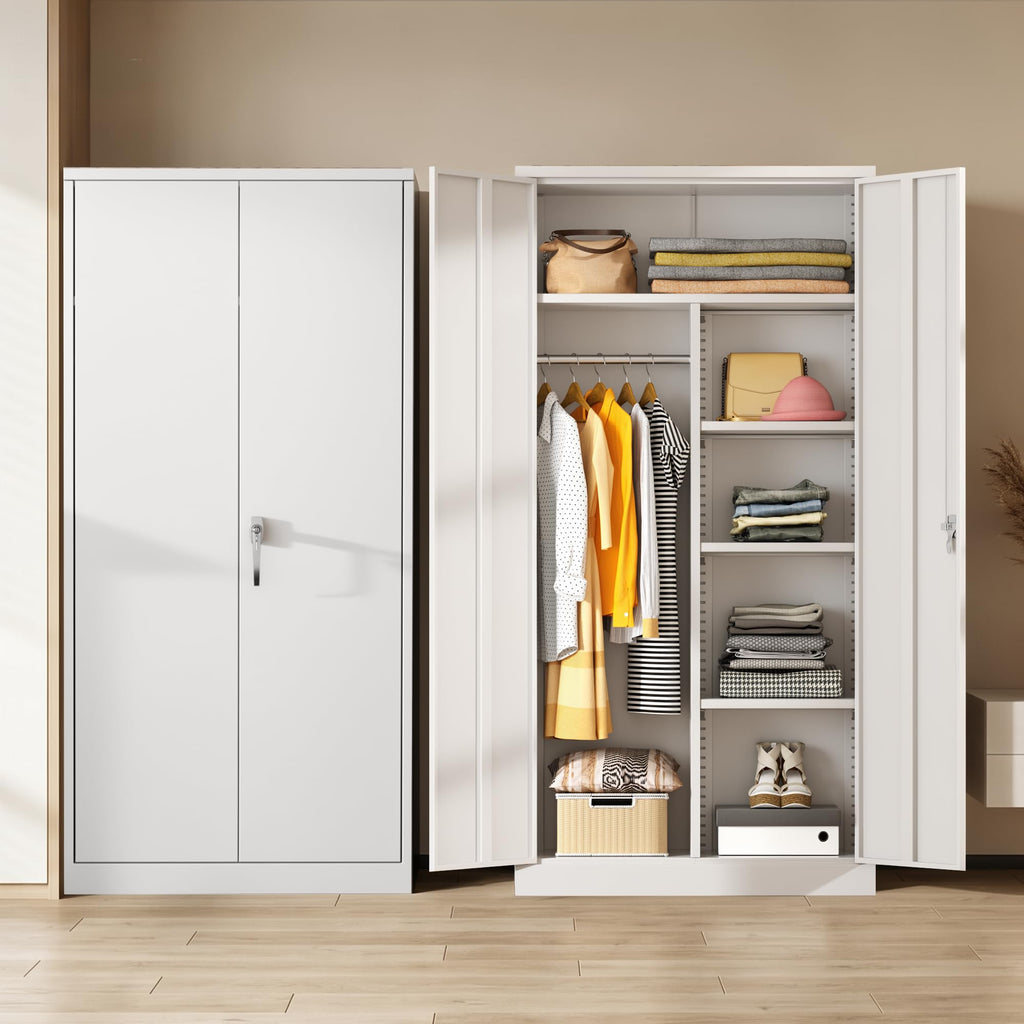 Metal Wardrobe Cabinet with Locking Doors, 72"H White Metal Wardrobe Closet with Hanging Rods and Adjustable Shelves