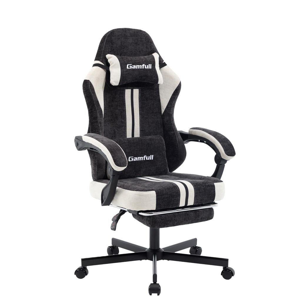 Fabric Gaming Chair for Adults, Video Game Chairs with Footrest, Black&White