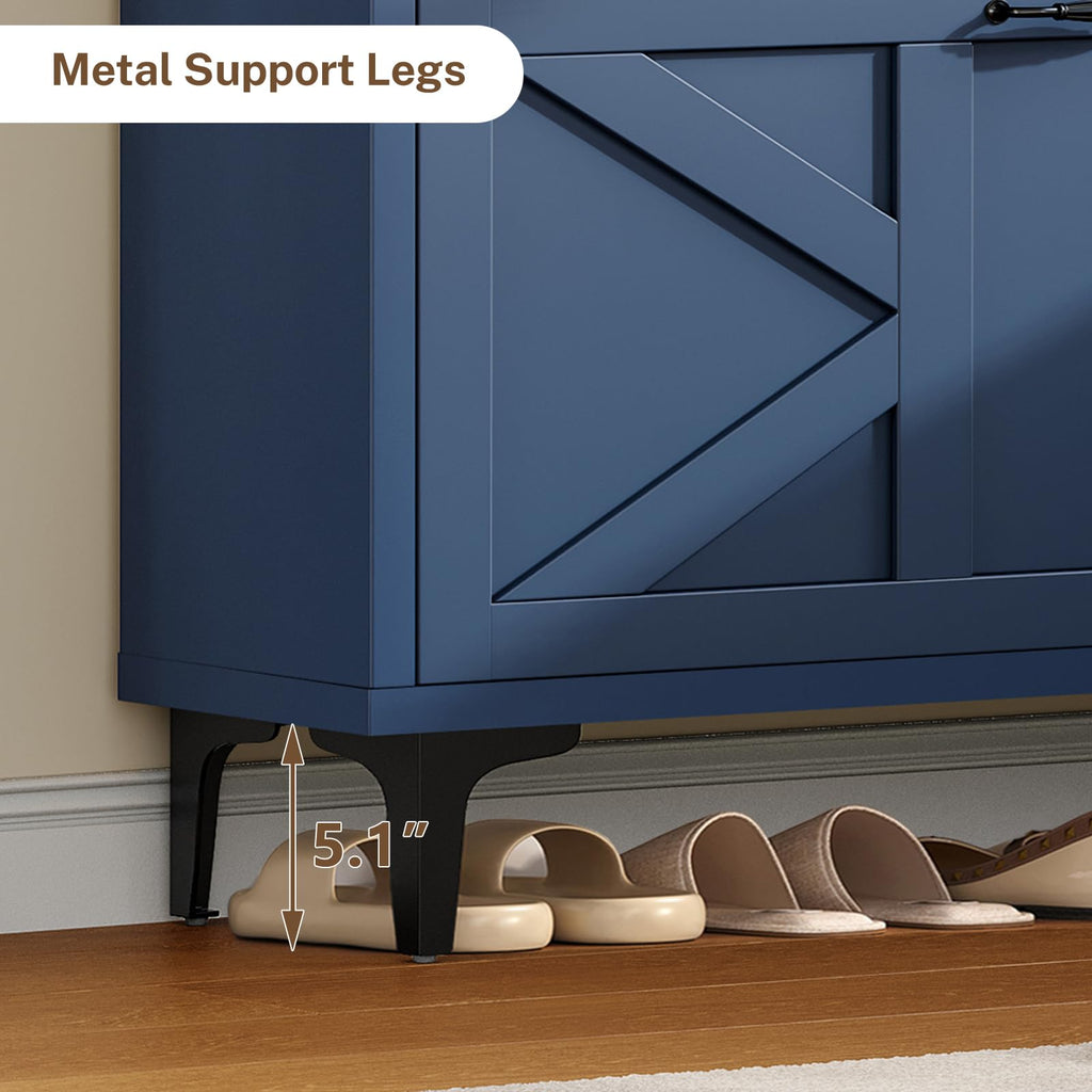 Shoe Cabinet with 2 Flip Drawers & Top Drawer, Farmhouse Narrow Shoe Storage Cabinet with Adjustable Shelves & Hooks