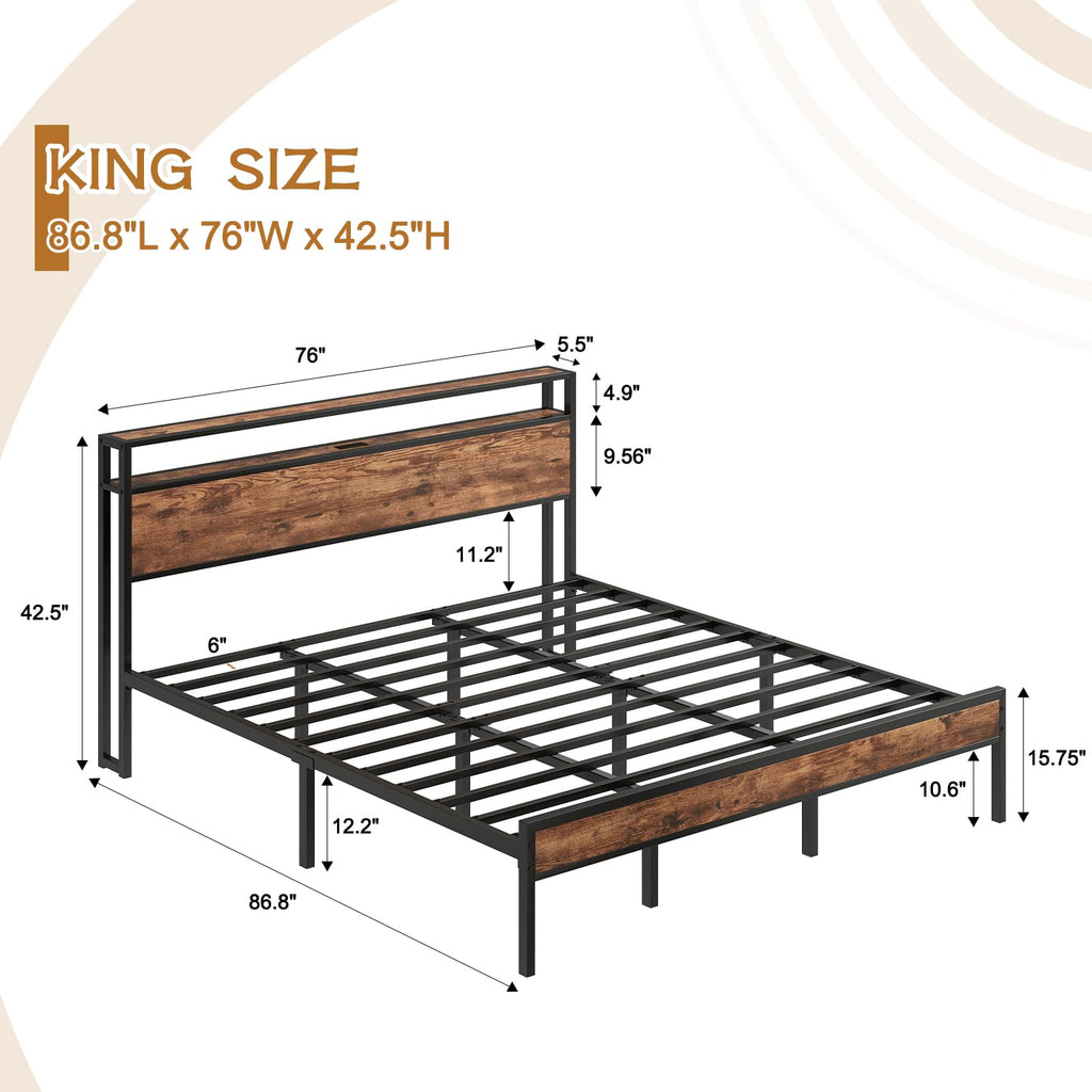 King Size Bed Frame with USB Charging Station & Storage Headboard, Modern Metal Platform Bed with Large Under Bed