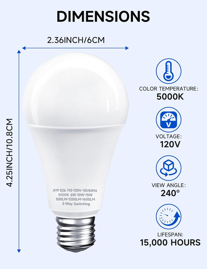 3 Way Light Bulbs 30 70 100W Equivalent Daylight White 5000K 2 Pack