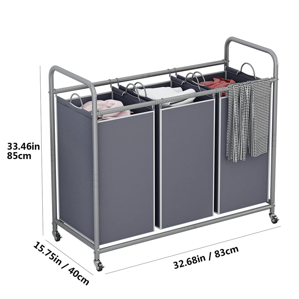 3 Section Laundry Hamper Sorter, Grey Laundry Basket with Wheels