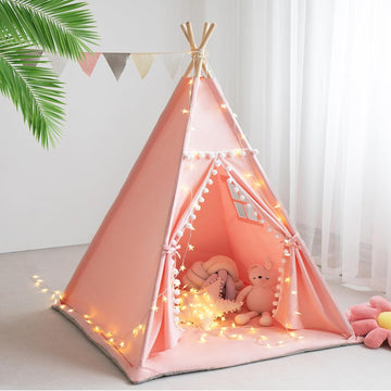 Teepee Tent for Kids with Mat, Star Lights, Carry Case, Cotton Canvas Playhouse, Foldable Tents, Portable Children