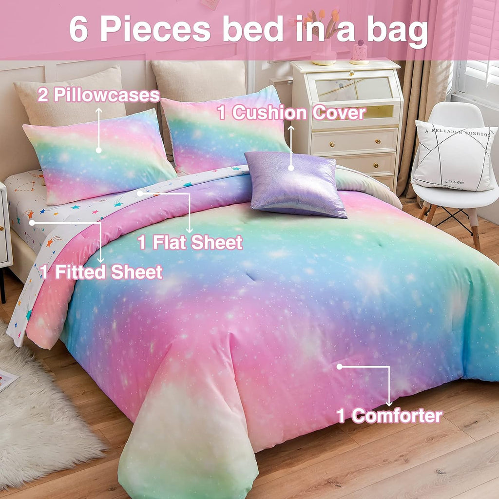 6Pcs Gradient Glitter Bedding Set for Girls Full, Colorful Rainbow Galaxy Comforter Set, Ultra Soft Bedding Sets, Pink