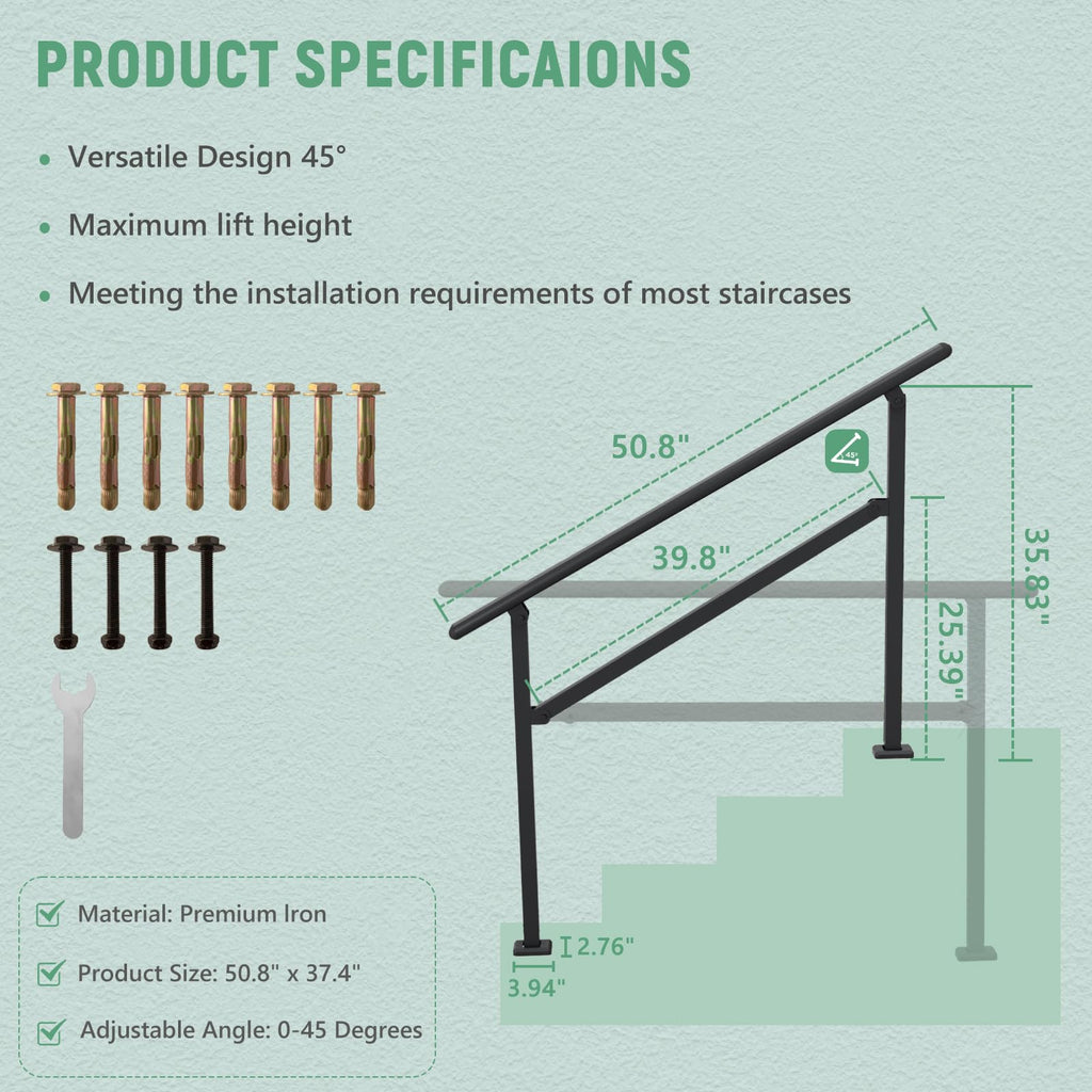 2 Pack Hand Rails for Outdoor Steps, 3-4 Step Railing for Stairs, Adjustable Porch Railing, Hand Rails for