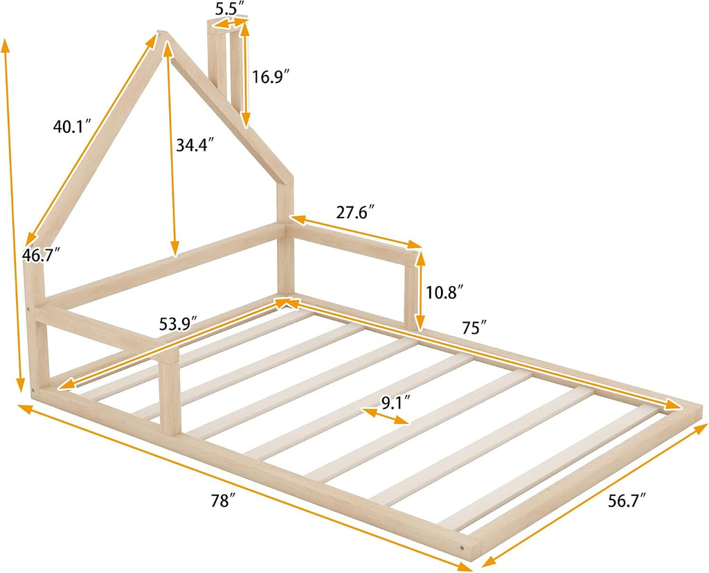 Full Floor Bed for Kids, Wood Full Bed for Kids, Kids bedframe with House-Shaped Headboard, Montessori Floor Beds