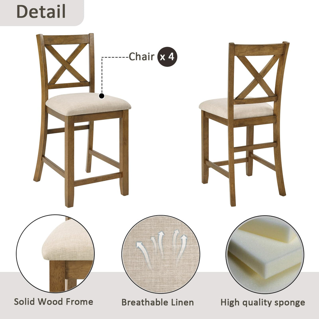 5-Piece Counter Height Dining Table Set for 4, Farmhouse Counter Height Kitchen Table with 4 Padded Chairs, Solid
