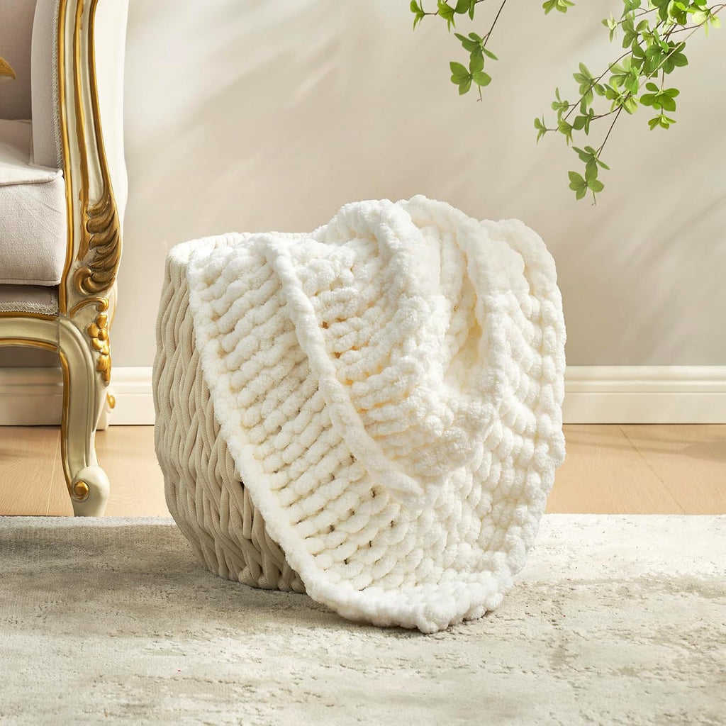 Chunky Knit Throw Blanket, Soft Chenille Handmade Crochet Throw Rope Knot Blanket, 50"x60", Ivory
