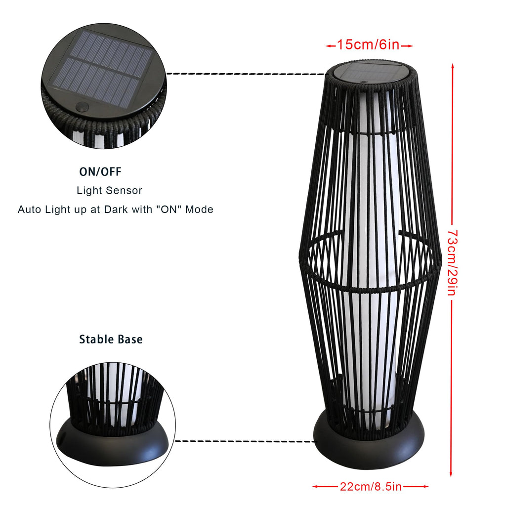 Outdoor Floor Lamp 2 Piece Solar Powered Lantern Wicker Solar Patio Lamp with Olifen Rope Waterproof Rattan Outside