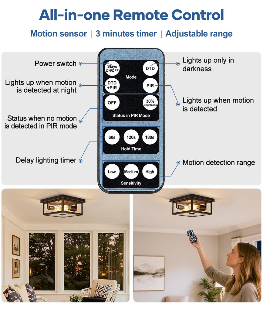 Motion Sensor Outdoor Ceiling Light with Remote, 8.5 Inch Brown and Gold Flush Mount Porch Light Fixture with United