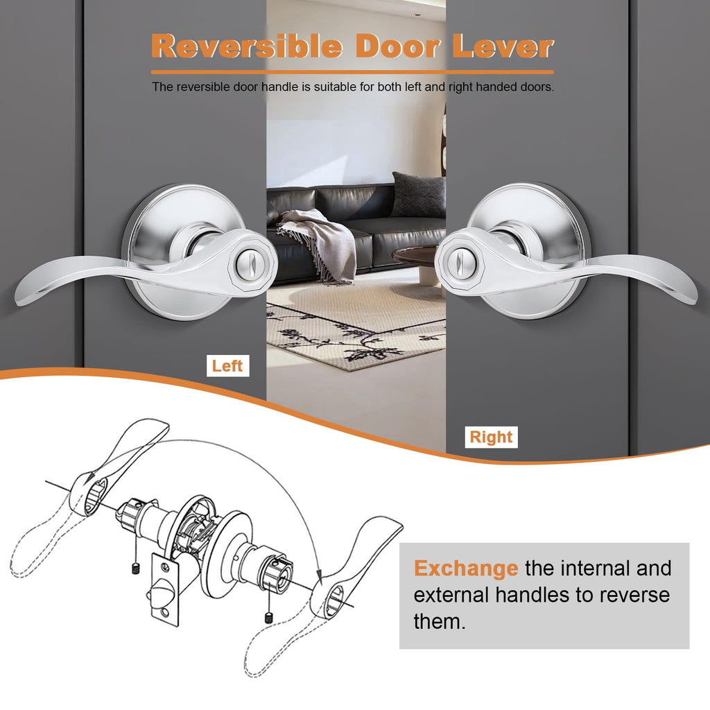 Privacy Door Handle Lever Polished Chrome Interior Door Handle, Chrome Door Lever Bathroom Keyless Interior Door Lock