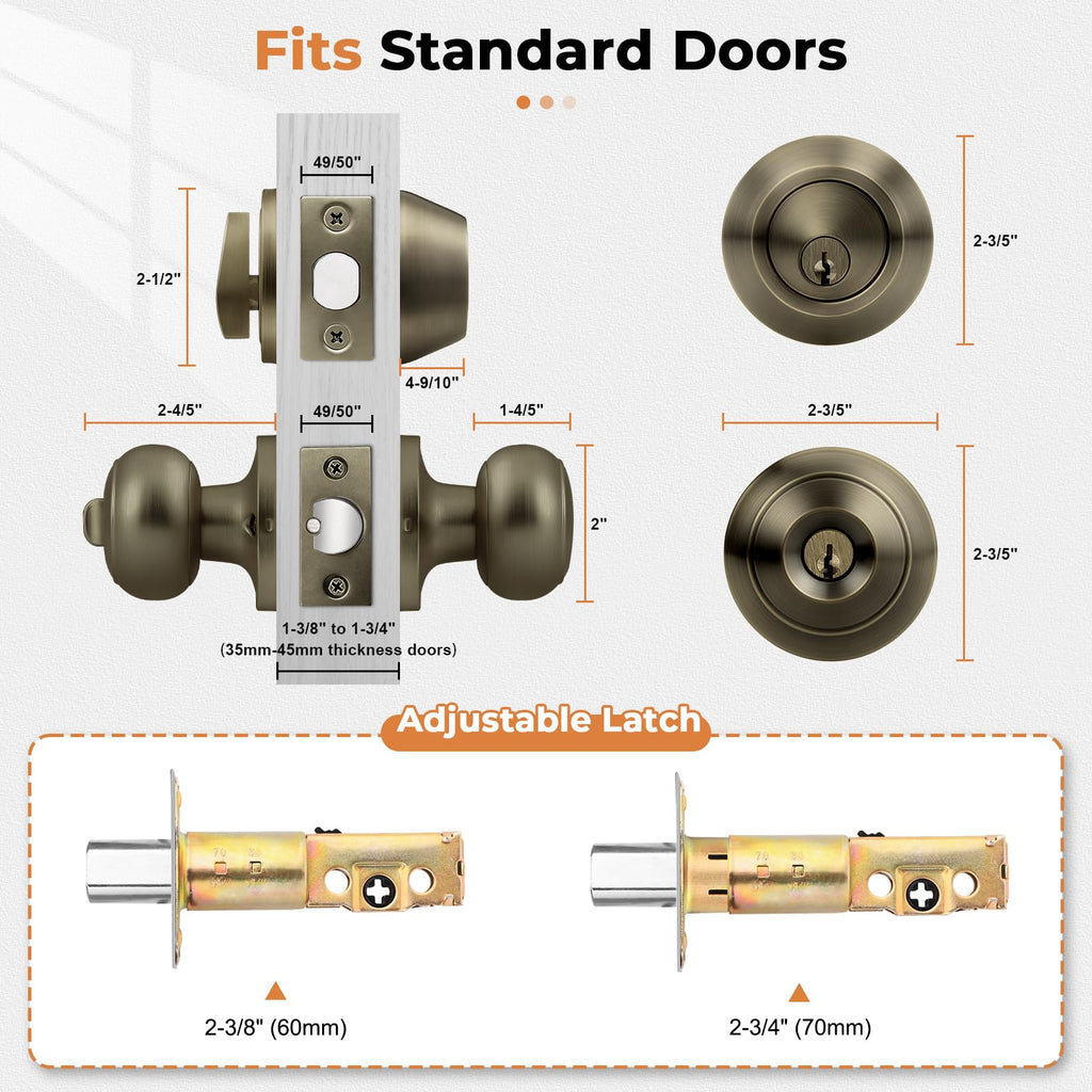 1 Pack Entry Door Knob Set with Single Cylinder Deadbolt Combo Set, Antique Brass Front Door Handle Keyed Alike