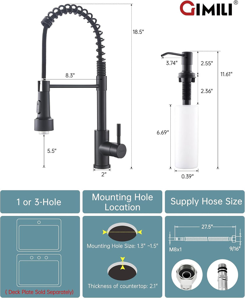 Matte Black LED Kitchen Faucet with Soap Dispenser Pull-Down Sprayer | Modern Single Handle Spring Kitchen Sink