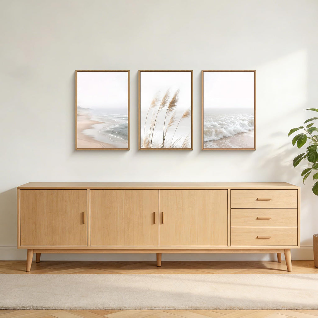 Large Neutral Coastal Reed Framed Canvas Wall Art, Modern Beach Natural Wall Decor, Boho Ocean Waves Picture, Minimalist
