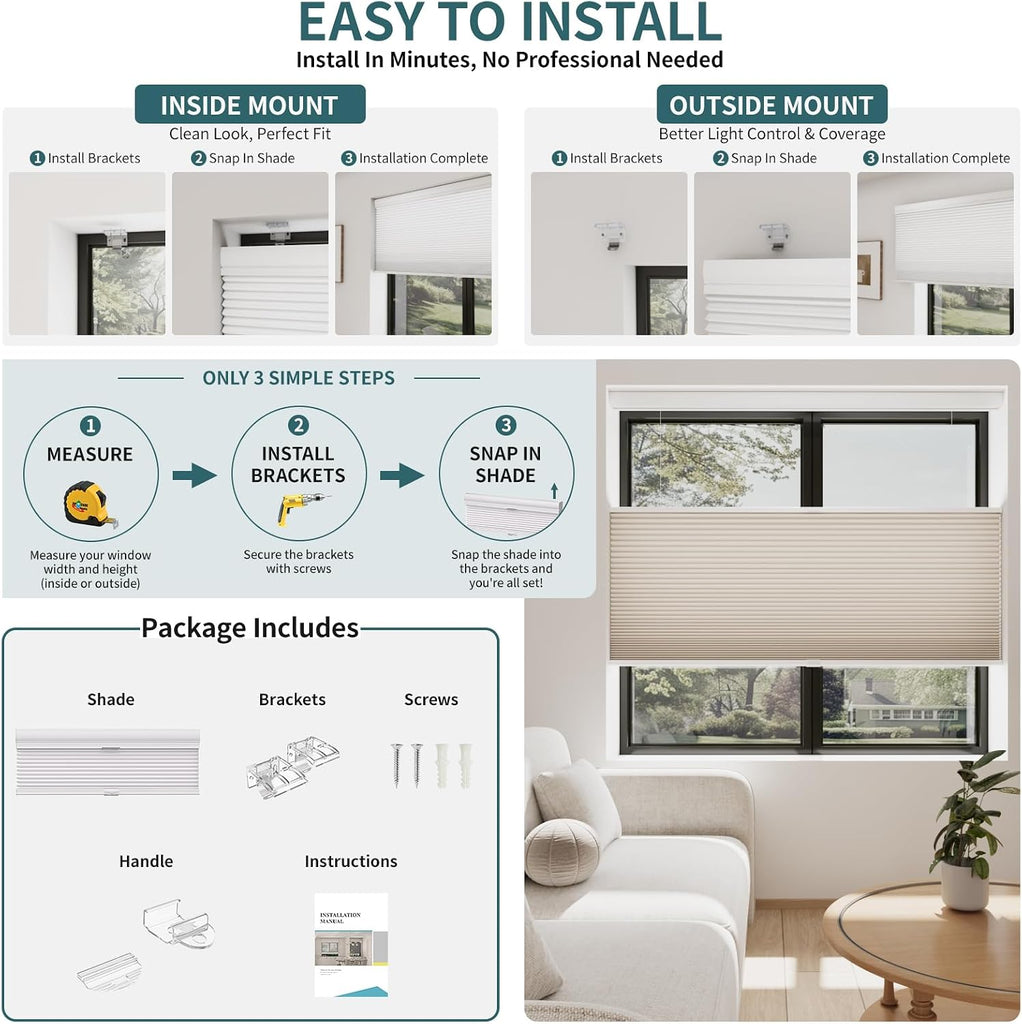 Top Down Bottom Up Shade Cordless Cellular Shades Blackout Blinds for Indoor Windows Room Darkening Window Blinds &
