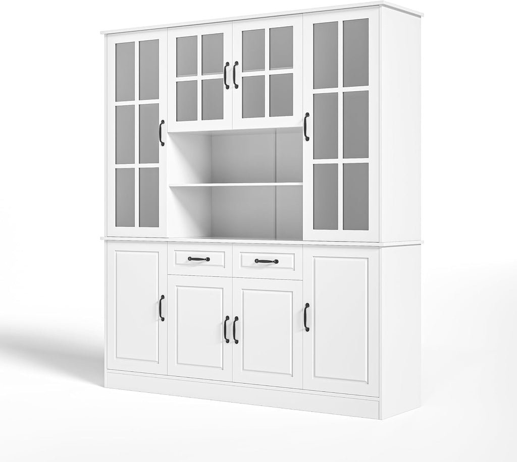 MU Kitchen Storage Cabinet with Glass Doors, Large China Hutch with 2 Drawers & 5 Adjustable Shelves, Kitchen Pantry