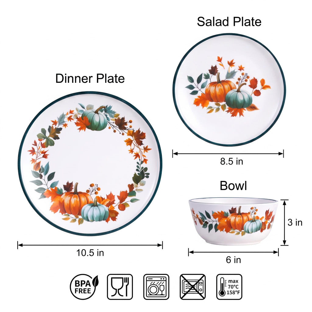 12-Piece Melamine Dinnerware Set for 4, Fall Pumpkin Plates and Bowls