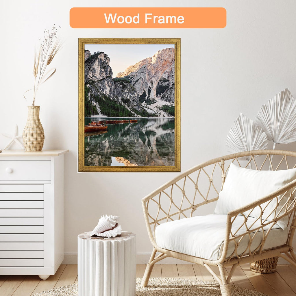 19x27 Wood Frame Gold, Ornate Natural 27x19in Picture Poster Frame, Modern Golden 19 x 27inch Gallery Wall Photo