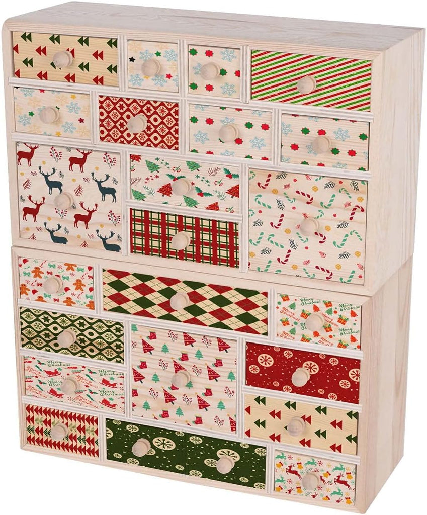 Set of 2 Wooden Countdown to Christmas Advent Calendar,Craft Storage Organizer with 24 Drawers,DIY Unfinished