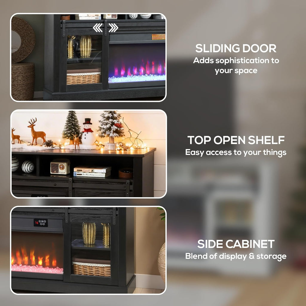 Fireplace TV Stand for TVs Up to 80 Inches, Modern Entertainment Center with 36" Glass Electric Fireplace & LED Lights