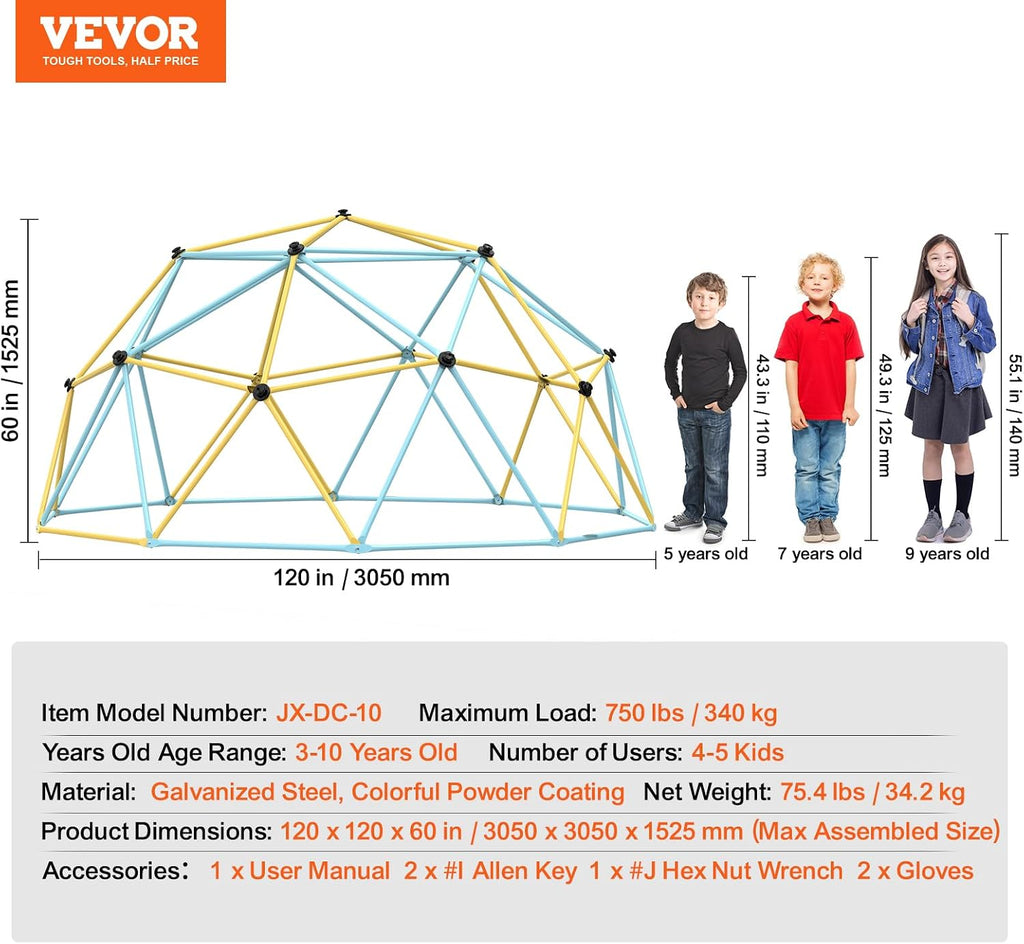 Climbing Dome, 10FT Geometric Dome Climber Play Center for Kids 3 to 10 Years Old, Jungle Gym Supports 750LBS and