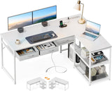 53 Inch L Shaped Computer Desk with Drawers, Corner Desk with Power Outlets & Reversible Storage Shelves Gaming, White