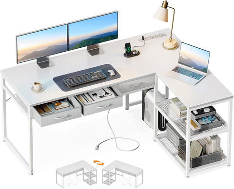 53 Inch L Shaped Computer Desk with Drawers, Corner Desk with Power Outlets & Reversible Storage Shelves Gaming, White