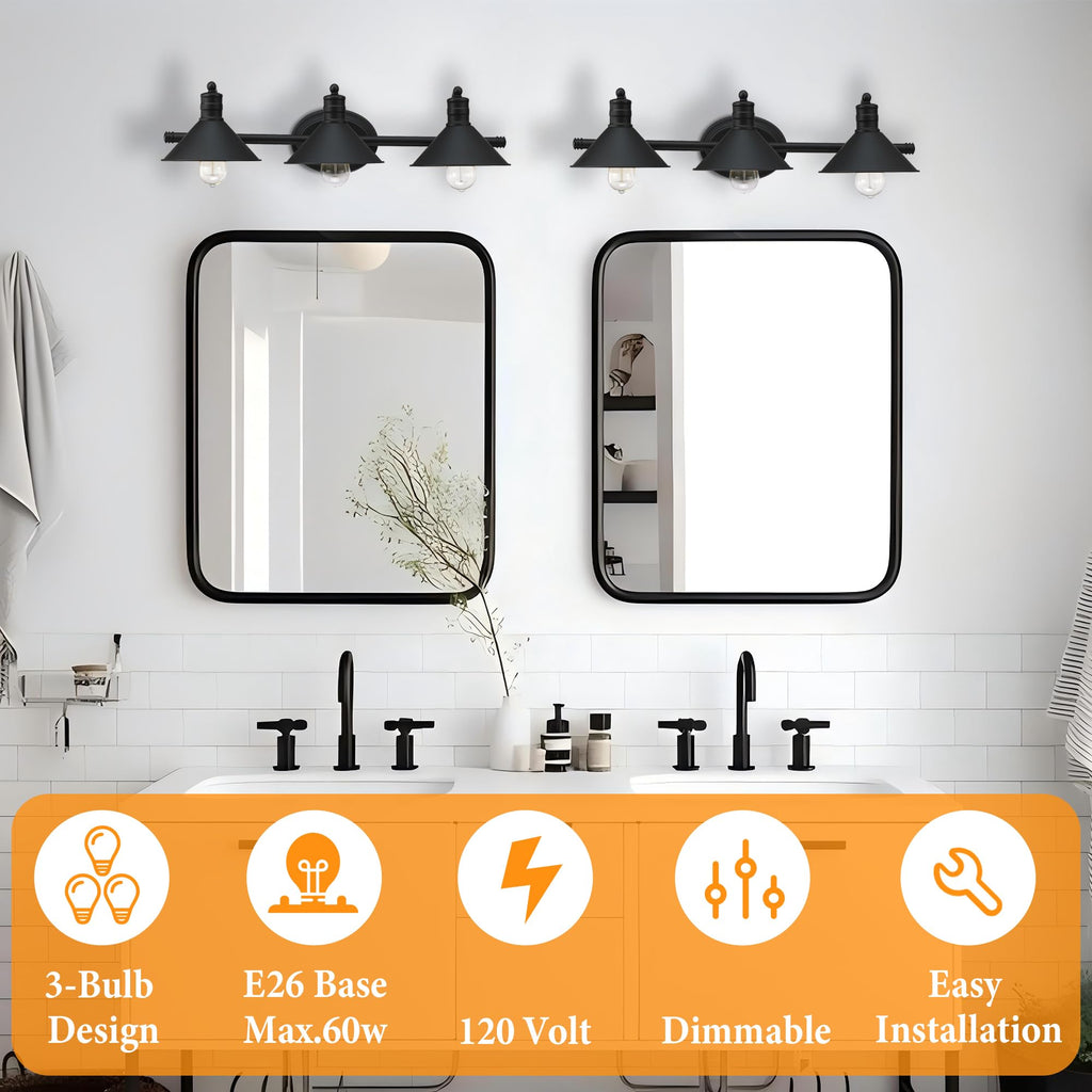 3 Light Bathroom Vanity Light Over Mirror - Farmhouse Wall Light Vanity Powder Room, Rustic Gooseneck Barn Style 3