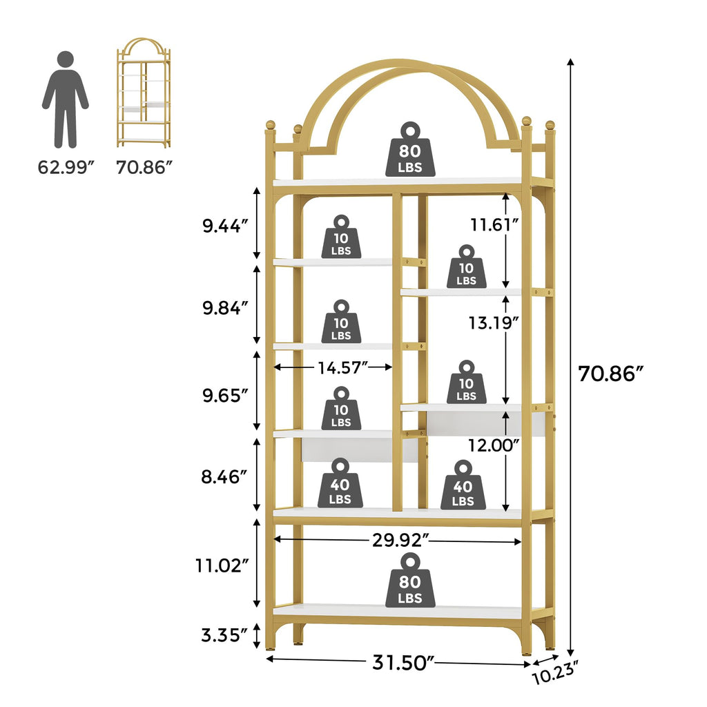 8-Tier Gold Arched Bookshelf, White, Set of 2