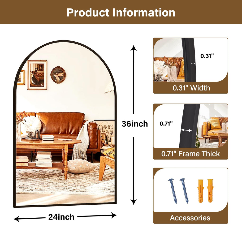 24"x36" Black Arched Bathroom Mirror - Wall Mirror
