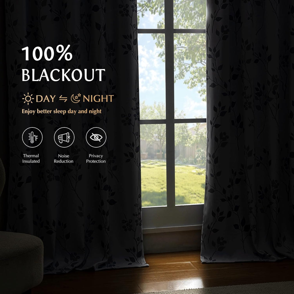Floral 100% Blackout Curtains 84 Inches Long 2 Panels for Bedroom Living Room Grey White Flower Patterned Room