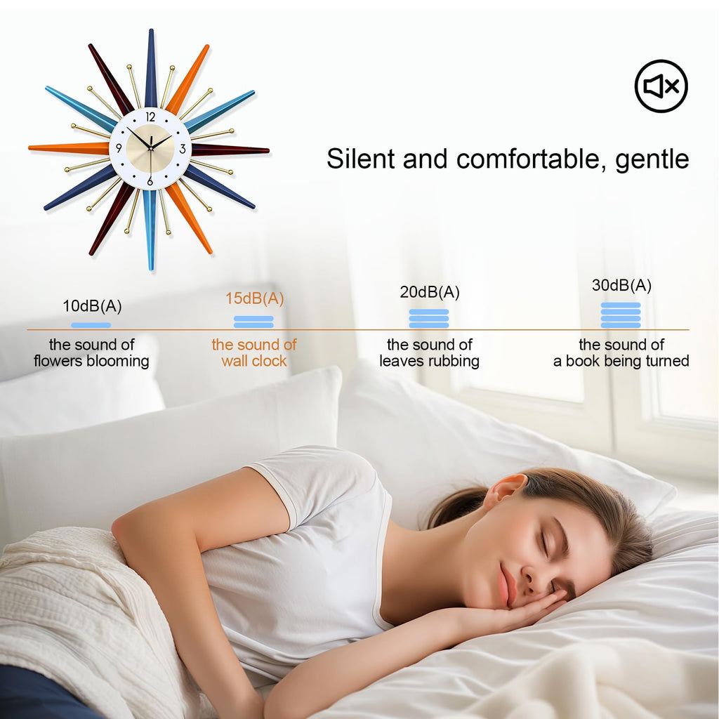 Large Wall Clock 22 Inch Modern Wall Clock Starburst Mid-Century Modern Decor Non-Ticking Battery Operated Colorful