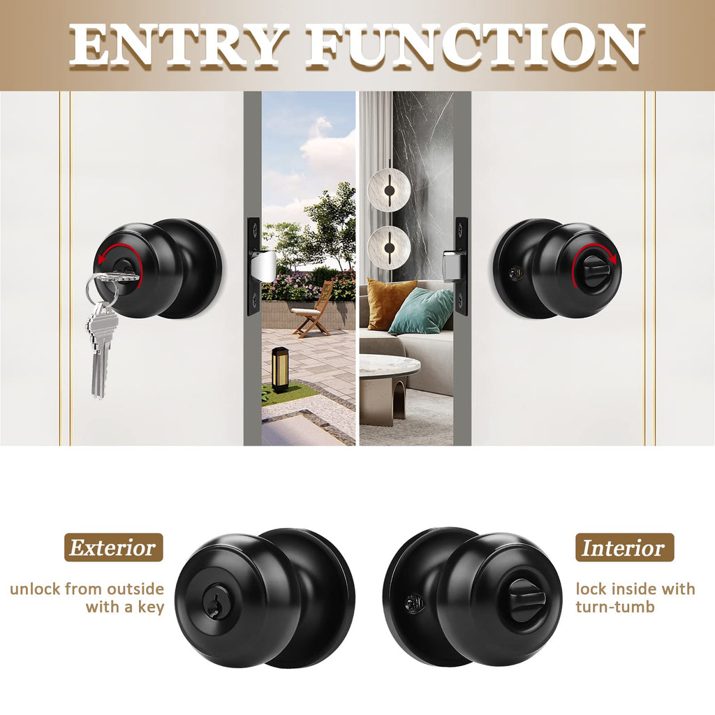 6 Pack) Black Round Entry Door Knobs Keyed Alike, Exterior/Interior Door Handles Bedroom Bathroom/Front/Offic Doors