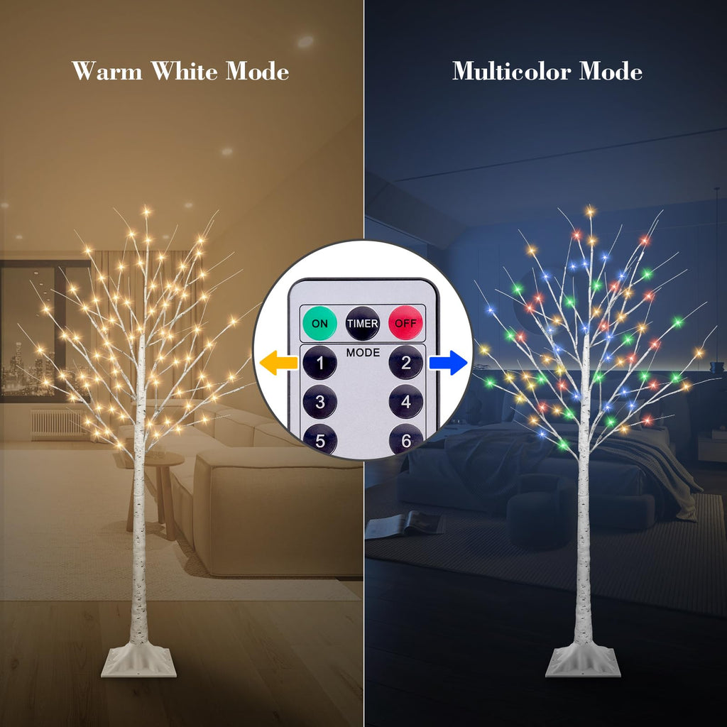 5FT Lighted Birch Tree with 90 LED Warm White and Multicolor Lights, 8 Modes, Timer Remote Faux Prelit Twig Christmas