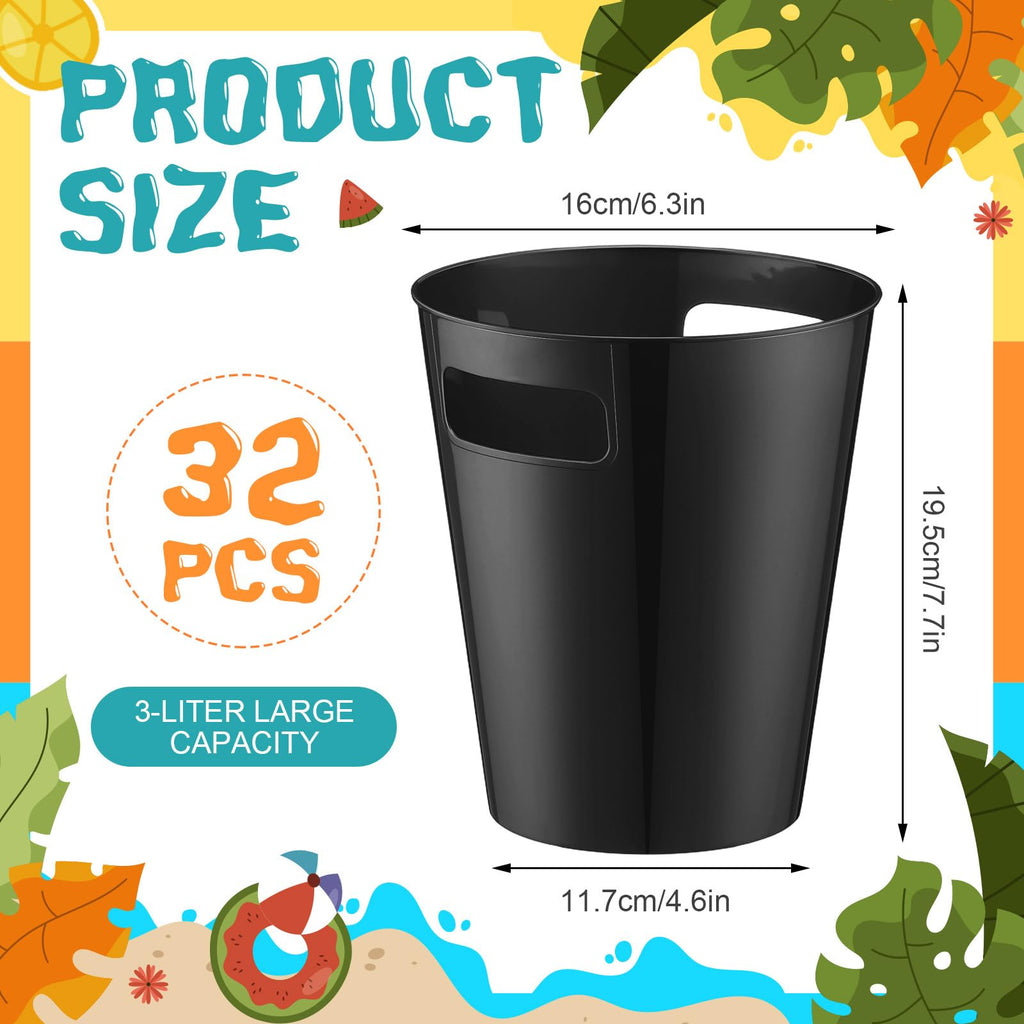 32 Pack Black Ice Buckets for Parties, 3l Plastic Beverage Bucket with Handle, Large Drink Tub Cooler for Champagne