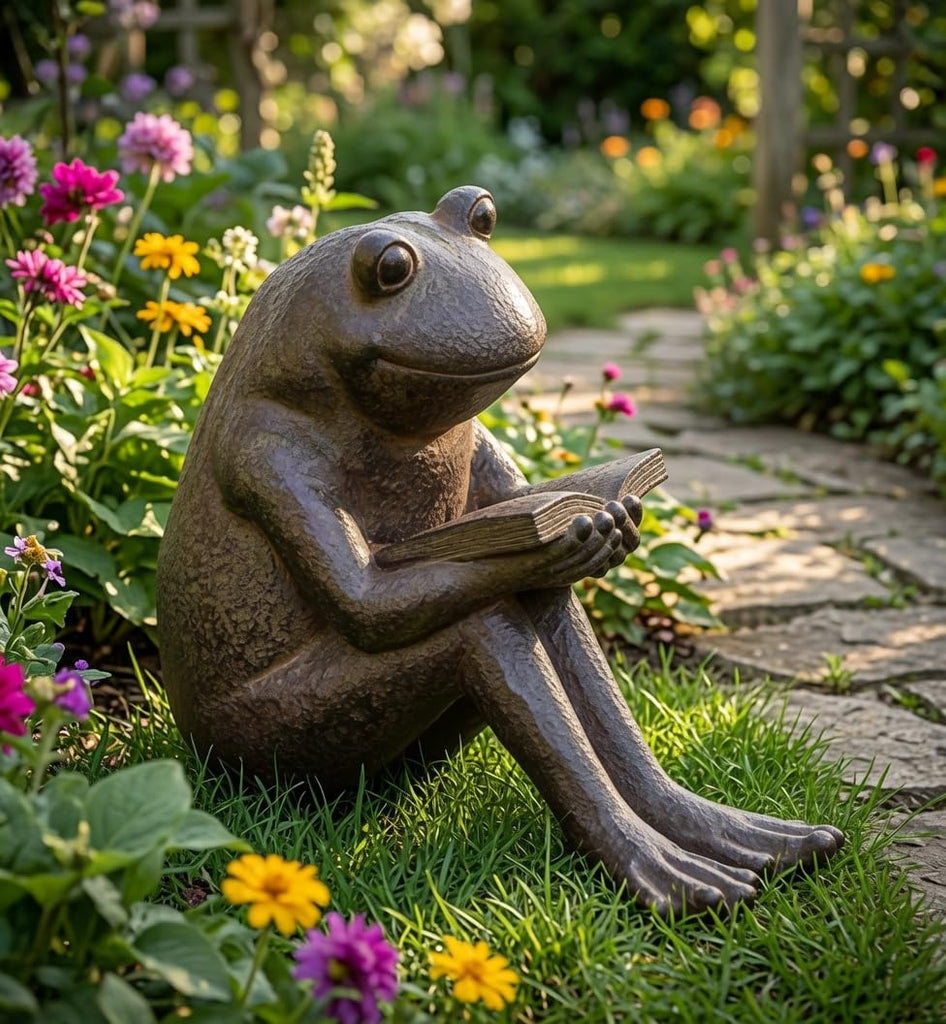 Quite Reading Garden Frog Statue, Polystone