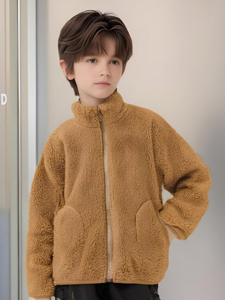 Toddler Fleece Jacket Girls Polar Fleece Lightweight Outerwear Boys Stand Collar Zip Up Warm Coat Fall Clothes Khaki